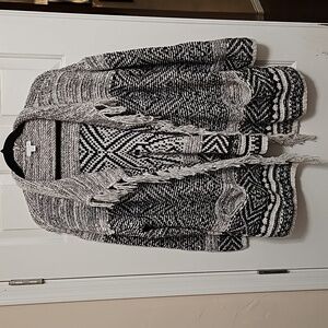 J.Jill Cardigan w/Pockets Size L Black and Cream Fringe Sweater